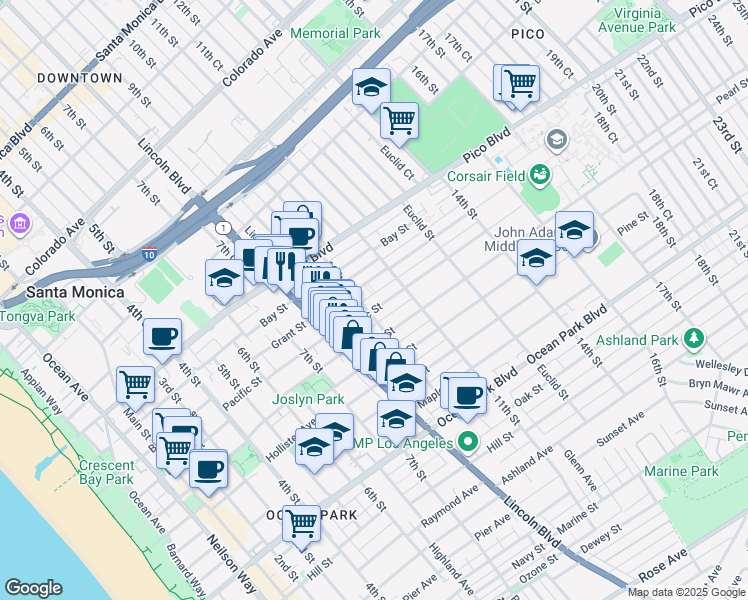 map of restaurants, bars, coffee shops, grocery stores, and more near 1011 Pacific Street in Santa Monica