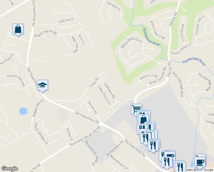 map of restaurants, bars, coffee shops, grocery stores, and more near 768 Cashiers Road in Dacula