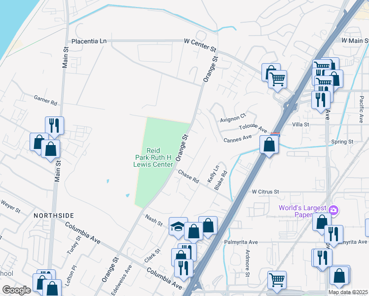 map of restaurants, bars, coffee shops, grocery stores, and more near 756 Orange Street in Riverside
