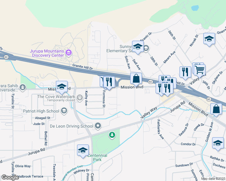 map of restaurants, bars, coffee shops, grocery stores, and more near 4277 Byrne Road in Riverside