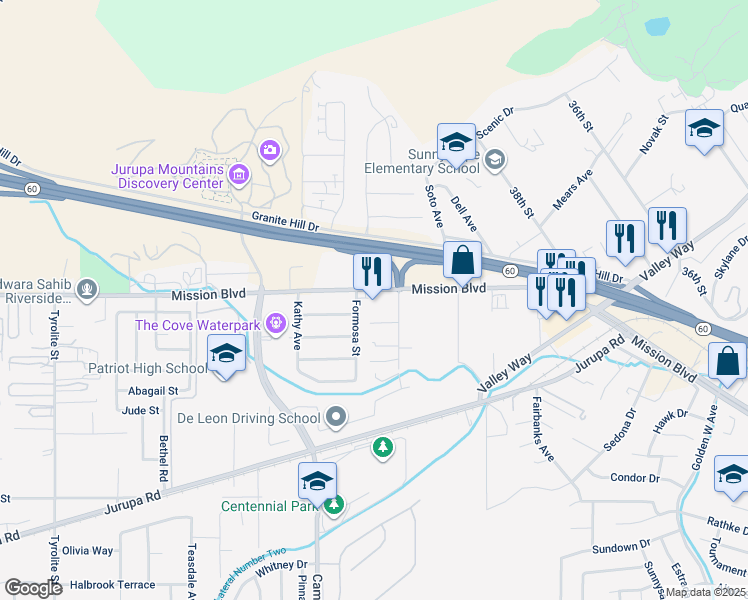 map of restaurants, bars, coffee shops, grocery stores, and more near 4277 Byrne Road in Riverside