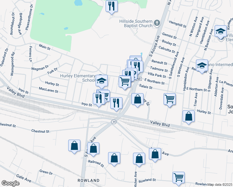 map of restaurants, bars, coffee shops, grocery stores, and more near 17353 Valley Boulevard in La Puente