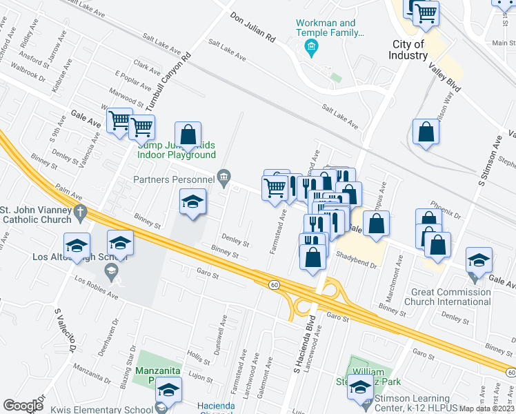 map of restaurants, bars, coffee shops, grocery stores, and more near 15570 Gale Avenue in La Puente