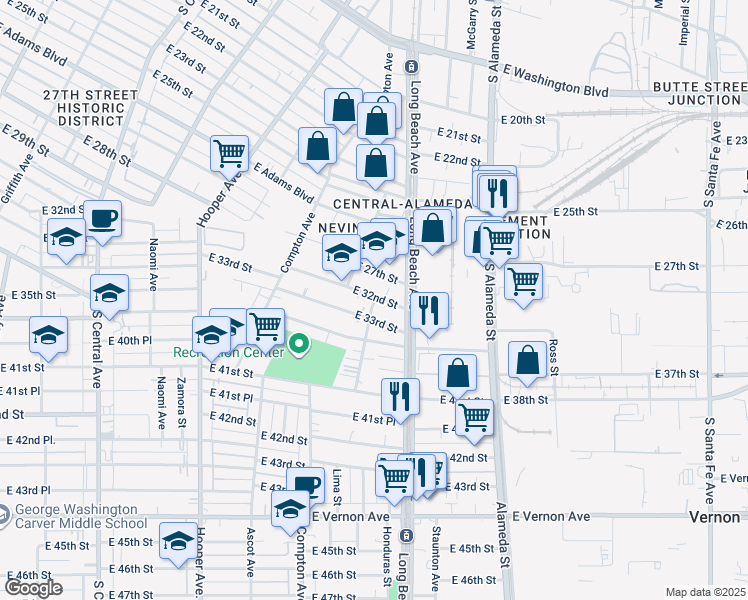 map of restaurants, bars, coffee shops, grocery stores, and more near 1632 East 33rd Street in Los Angeles