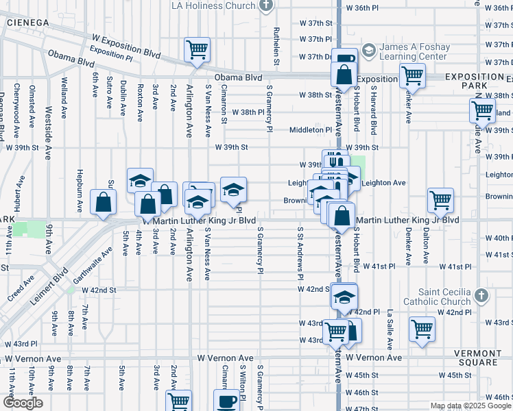 map of restaurants, bars, coffee shops, grocery stores, and more near 1919 West Martin Luther King Junior Boulevard in Los Angeles