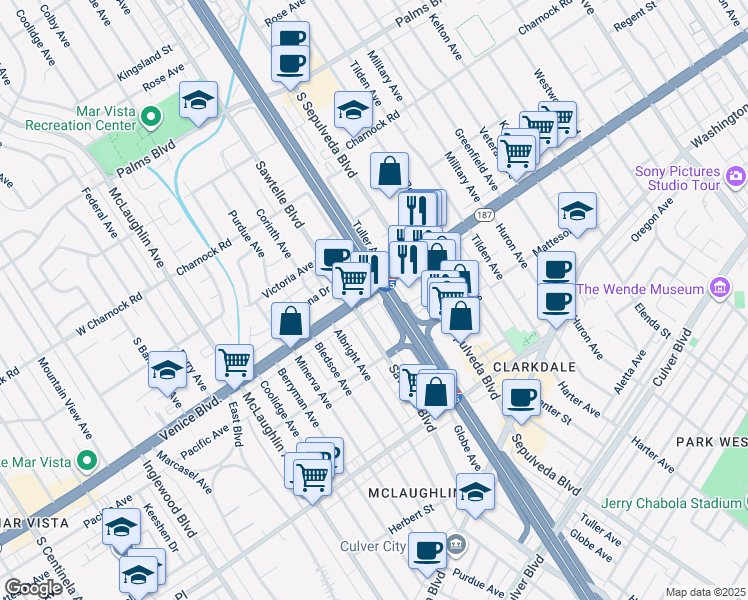 map of restaurants, bars, coffee shops, grocery stores, and more near 3814 Sawtelle Boulevard in Los Angeles