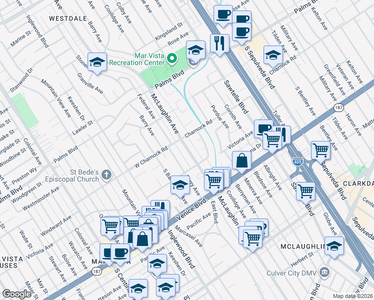 map of restaurants, bars, coffee shops, grocery stores, and more near 3652 McLaughlin Avenue in Los Angeles