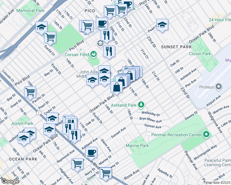 map of restaurants, bars, coffee shops, grocery stores, and more near 2612 16th Street in Santa Monica