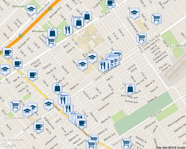 map of restaurants, bars, coffee shops, grocery stores, and more near 1417 Ocean Park Boulevard in Santa Monica