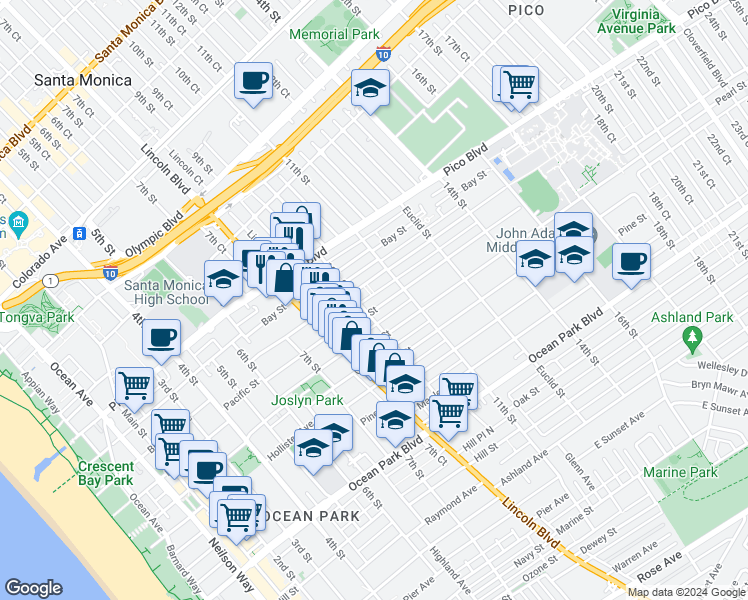 map of restaurants, bars, coffee shops, grocery stores, and more near 848 Pacific Street in Santa Monica