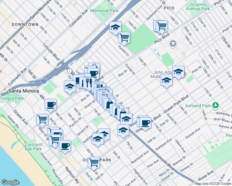 map of restaurants, bars, coffee shops, grocery stores, and more near 848 Pacific Street in Santa Monica