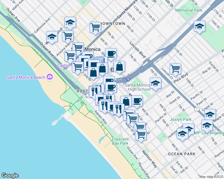 map of restaurants, bars, coffee shops, grocery stores, and more near 1725 Main Street in Santa Monica