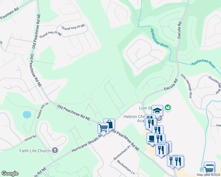 map of restaurants, bars, coffee shops, grocery stores, and more near 768 Cashiers Road in Dacula