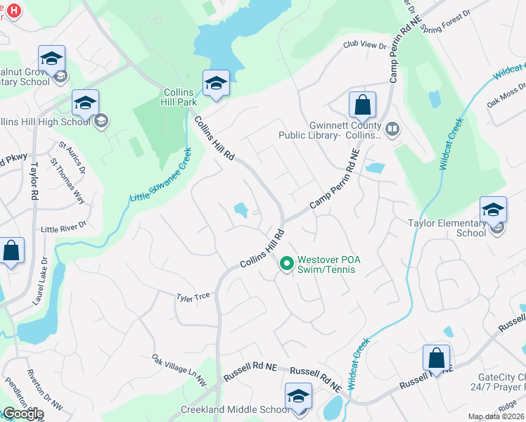 map of restaurants, bars, coffee shops, grocery stores, and more near 1912 Wildcat Falls Lane in Lawrenceville