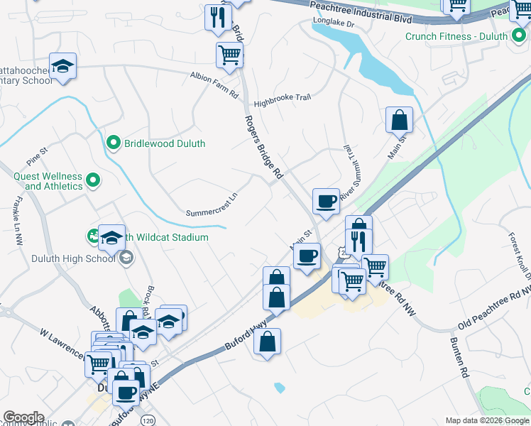map of restaurants, bars, coffee shops, grocery stores, and more near 3600 Grizzly Lane in Duluth