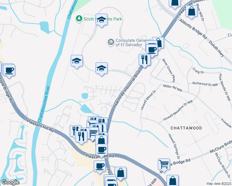 map of restaurants, bars, coffee shops, grocery stores, and more near 3498 Royal Oak Circle in Duluth