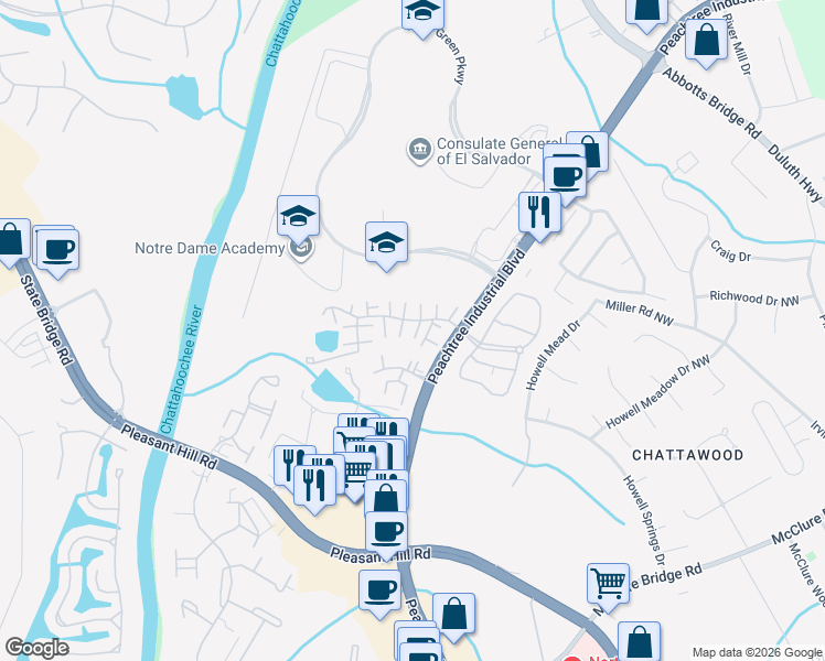 map of restaurants, bars, coffee shops, grocery stores, and more near 4122 Quincey Lane in Duluth