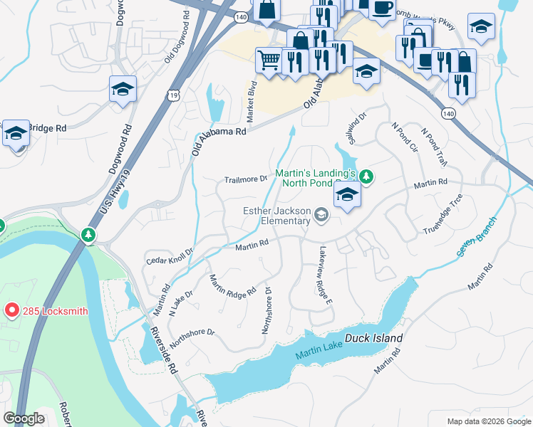 map of restaurants, bars, coffee shops, grocery stores, and more near 9500 Hillside Drive in Roswell