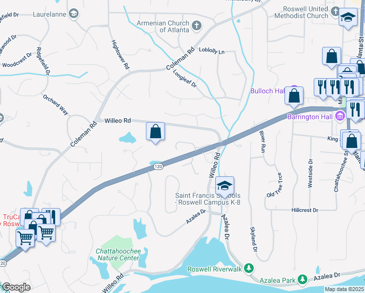 map of restaurants, bars, coffee shops, grocery stores, and more near 1045 Westcroft Lane in Roswell