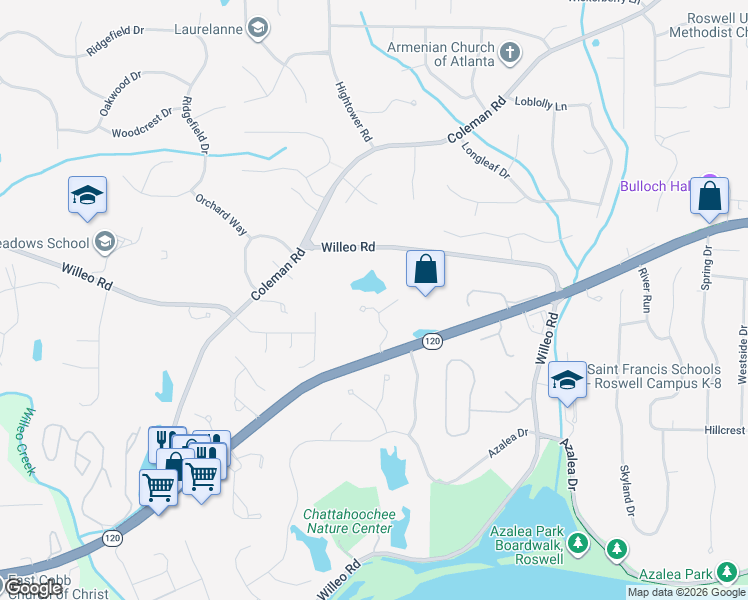 map of restaurants, bars, coffee shops, grocery stores, and more near 175 Lullwater Court in Roswell