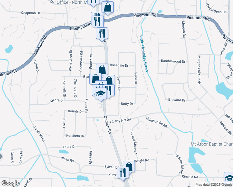 map of restaurants, bars, coffee shops, grocery stores, and more near 2459 Jewell Drive in Marietta