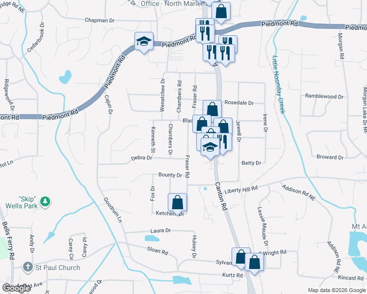 map of restaurants, bars, coffee shops, grocery stores, and more near 2436 Chambers Drive in Marietta