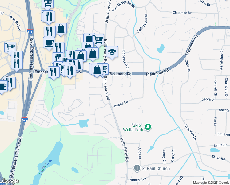map of restaurants, bars, coffee shops, grocery stores, and more near 2420 Bells Ferry Road in Marietta
