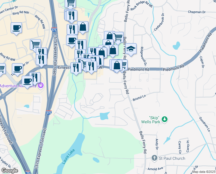 map of restaurants, bars, coffee shops, grocery stores, and more near 2477 Lake Brook Drive in Marietta
