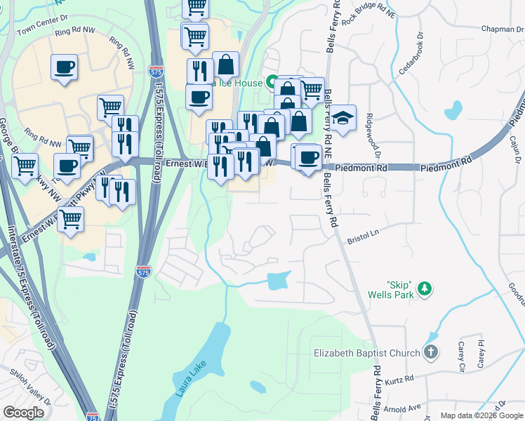 map of restaurants, bars, coffee shops, grocery stores, and more near 2471 Lakebrooke Drive in Marietta