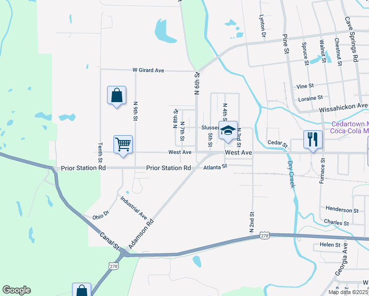 map of restaurants, bars, coffee shops, grocery stores, and more near 645 West Avenue in Cedartown