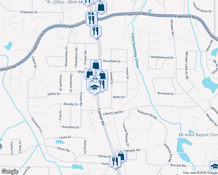 map of restaurants, bars, coffee shops, grocery stores, and more near 2459 Jewell Dr in Marietta