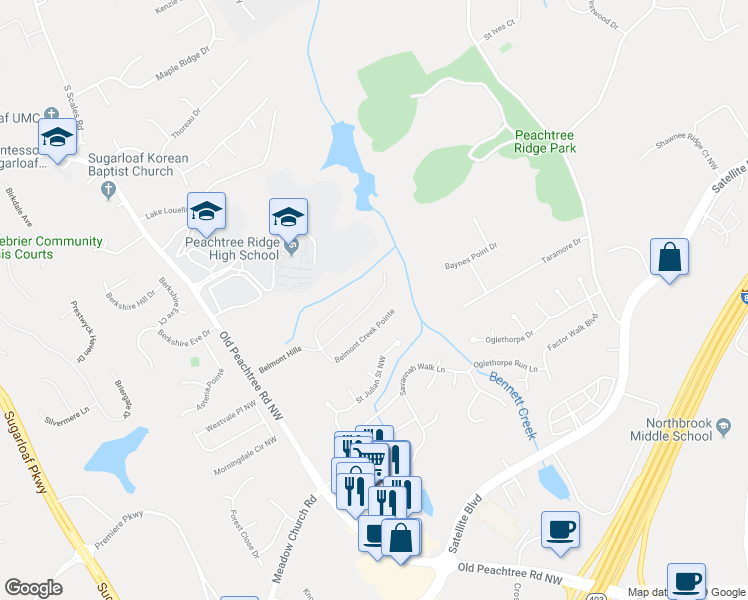 map of restaurants, bars, coffee shops, grocery stores, and more near 1470 Belmont Hills in Suwanee