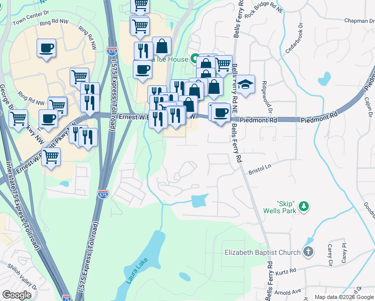 map of restaurants, bars, coffee shops, grocery stores, and more near 2471 Lakebrooke Drive in Marietta