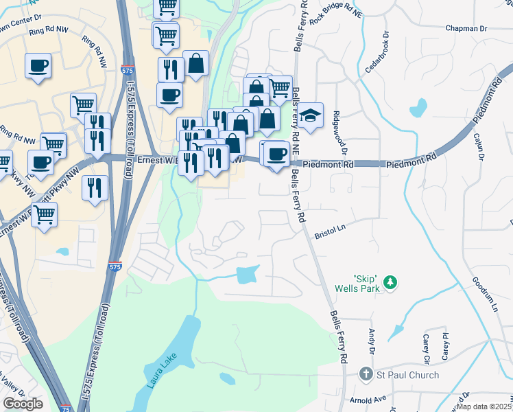map of restaurants, bars, coffee shops, grocery stores, and more near 2477 Lake Brook Drive in Marietta