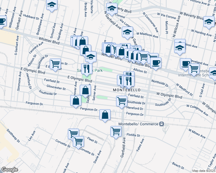 map of restaurants, bars, coffee shops, grocery stores, and more near 6446 Fairfield Street in East Los Angeles