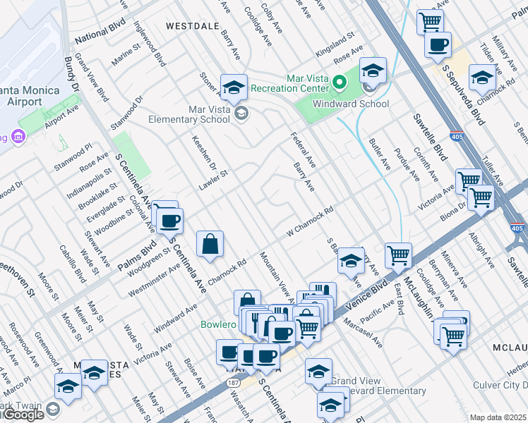 map of restaurants, bars, coffee shops, grocery stores, and more near 3546 Inglewood Boulevard in Los Angeles