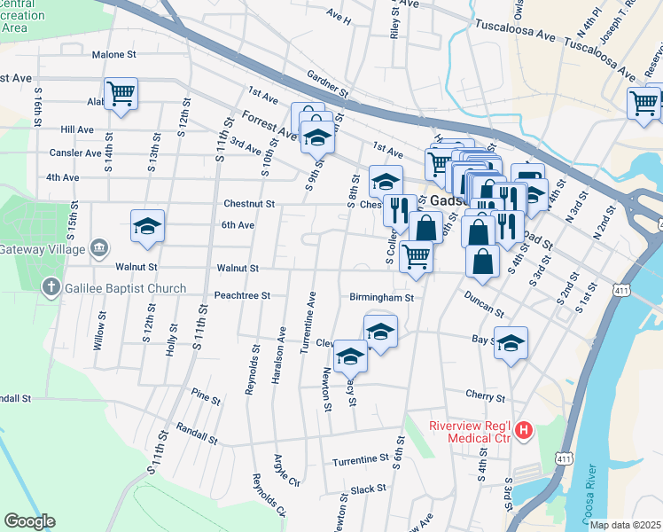 map of restaurants, bars, coffee shops, grocery stores, and more near 807 Walnut Street in Gadsden