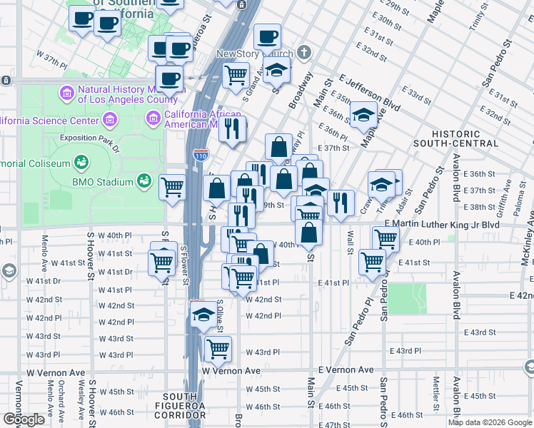 map of restaurants, bars, coffee shops, grocery stores, and more near 212 West Martin Luther King Junior Boulevard in Los Angeles