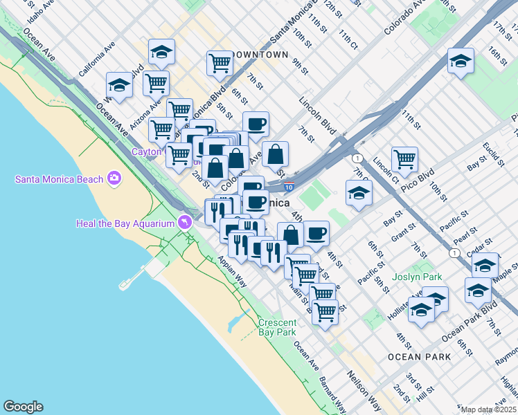 map of restaurants, bars, coffee shops, grocery stores, and more near 1685 Main Street in Santa Monica