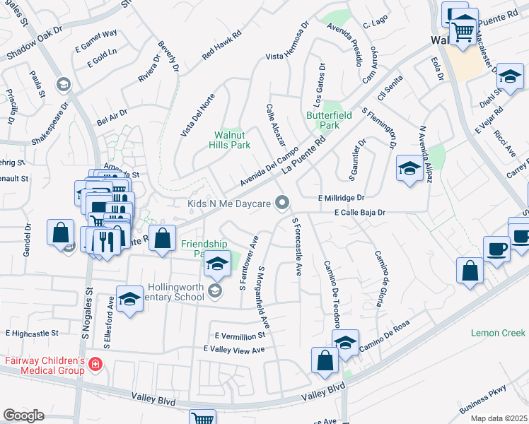 map of restaurants, bars, coffee shops, grocery stores, and more near 3144 East Levelglen Drive in West Covina