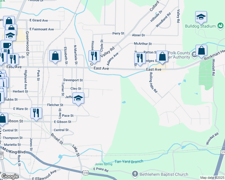map of restaurants, bars, coffee shops, grocery stores, and more near 1201 Cleo Street in Cedartown