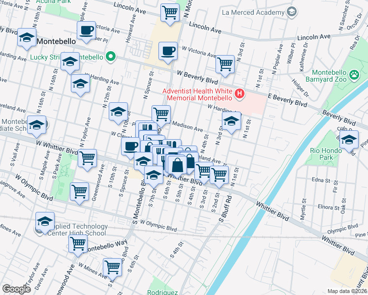 map of restaurants, bars, coffee shops, grocery stores, and more near 204 North 6th Street in Montebello