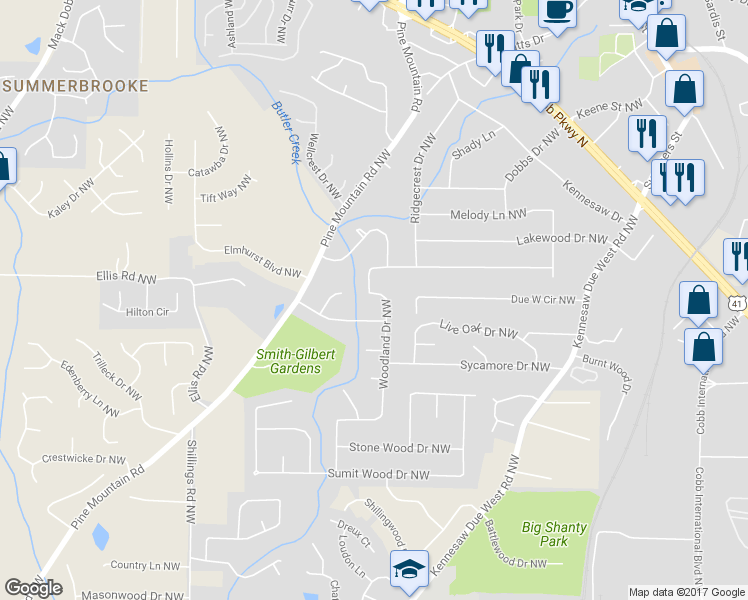 map of restaurants, bars, coffee shops, grocery stores, and more near 3050 Woodland Drive Northwest in Kennesaw