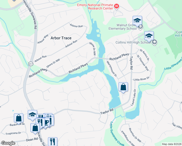 map of restaurants, bars, coffee shops, grocery stores, and more near 325 Lake Bluff Court in Suwanee