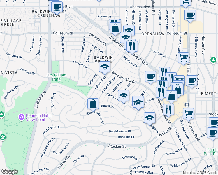 map of restaurants, bars, coffee shops, grocery stores, and more near 4064 South Muirfield Road in Los Angeles