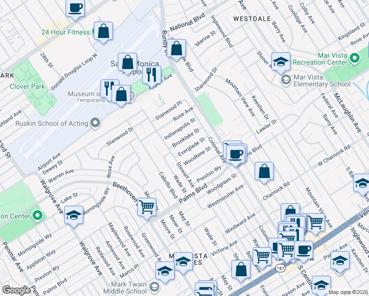 map of restaurants, bars, coffee shops, grocery stores, and more near 12567 Everglade Street in Los Angeles