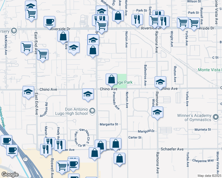 map of restaurants, bars, coffee shops, grocery stores, and more near 16133 Spicebush Lane in Chino
