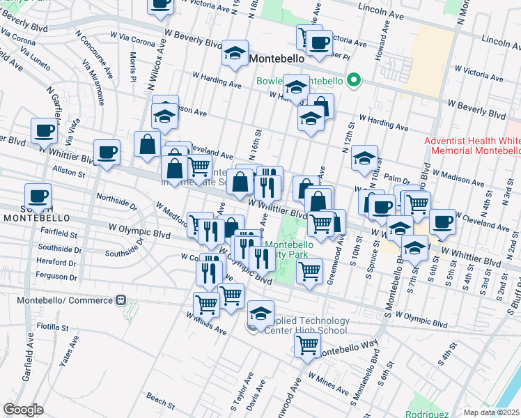 map of restaurants, bars, coffee shops, grocery stores, and more near 122 California Avenue in Montebello
