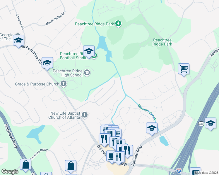 map of restaurants, bars, coffee shops, grocery stores, and more near 1439 Belmont Hills in Suwanee