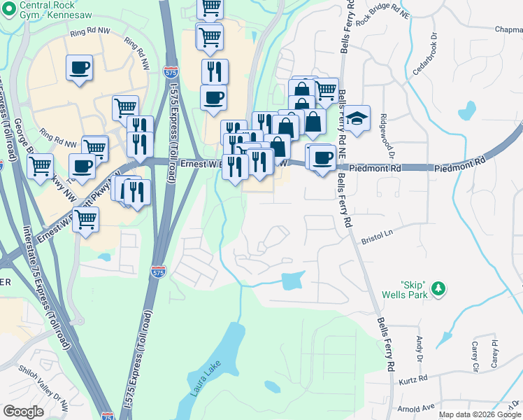 map of restaurants, bars, coffee shops, grocery stores, and more near 83 Ernest W Barrett Parkway Northwest in Marietta